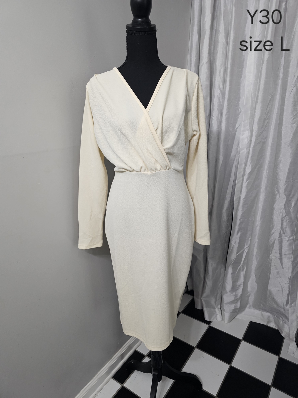 Cream Wrap-Front Long Sleeve Dress
